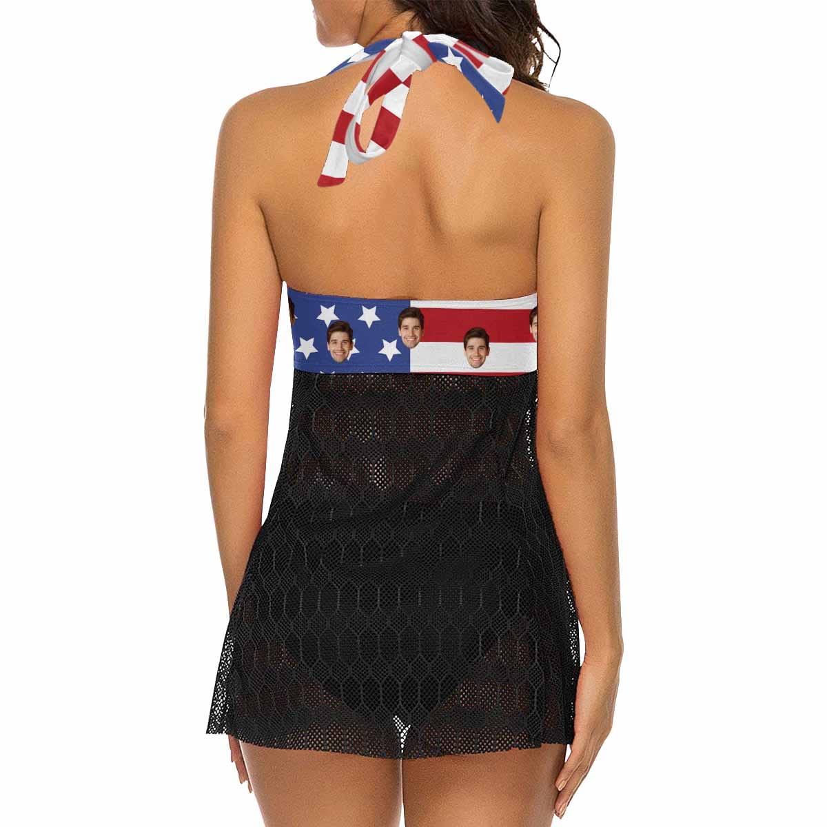 Custom American Flag Face Lace Low Waisted Tankini Personalized Sexy Swim Dress Beach Outfit