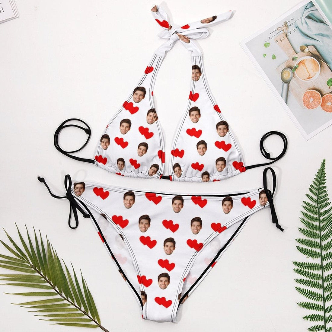 Plus Size Custom Heart Face Halter Triangle Bikini Personalized High Waisted Bikini Swimsuit Two Piece Summer Beach Pool Outfits