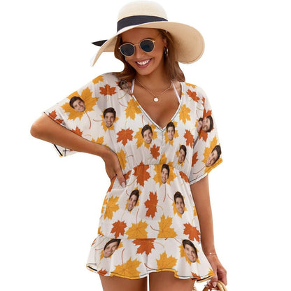 Custom Maple Leaves Face Cover Up Dress Personalized One Piece Cover Up Summer Outfit