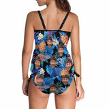 Custom Blue Leaves Face Tankini Bathing Suit Personalized Two Piece Swimsuit