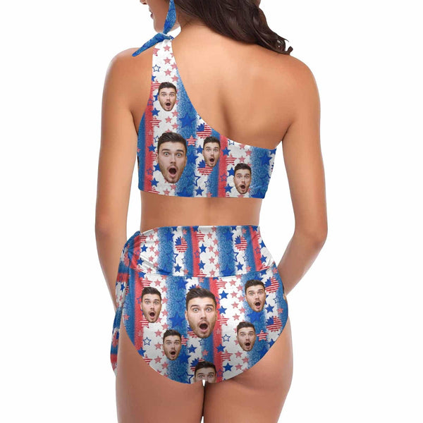Custom Face Star River Flag Print High Waisted One Shoulder Bikini Set