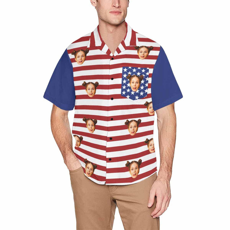 Custom Face American Flag Hawaiian Shirt With Chest Pocket Personalized Aloha Shirt
