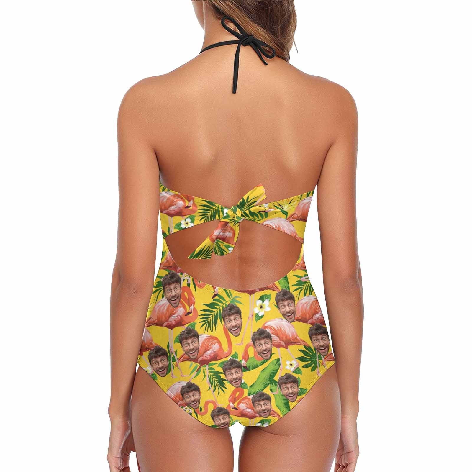 Custom Yellow Flamingo Face Lace Sling One Piece Swimsuit Personalized Beach Pool Outfit Honeymoons Party