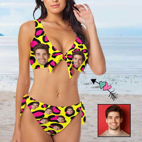 Custom Yellow Leopard Face Chest Strap Low Waisted Bikini Personalized Two Piece Swimsuit Bathing Suit