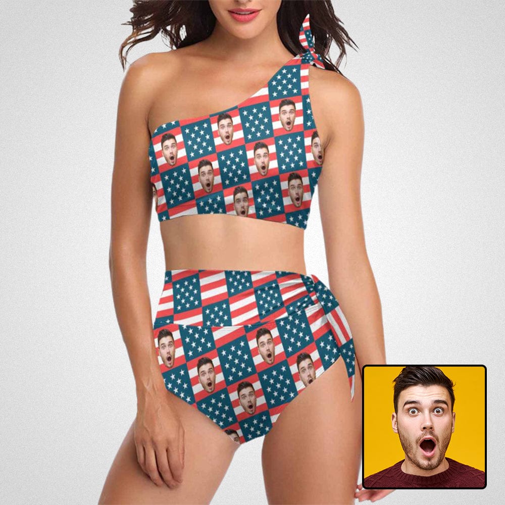 Custom Face Flag Print Red Blue High Waisted One Shoulder Bikini Set