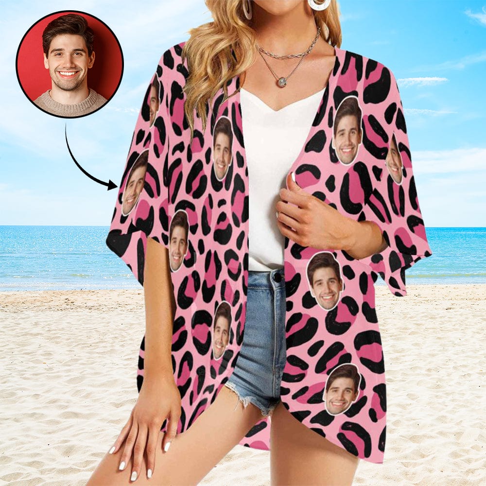 Custom Pink Leopard Face One Piece Bikini Cover Up Personalized Kimono Chiffon Cover Up