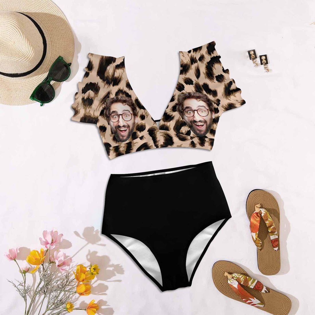 [Up to 5XL] Custom Face Leopard Ruffle Sleeve Bikini Swimsuit Personalized Bathing Suit