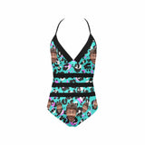 Custom Blue Leopard Face Lace Sling One Piece Swimsuit Personalized Beach Pool Outfit Honeymoons Party