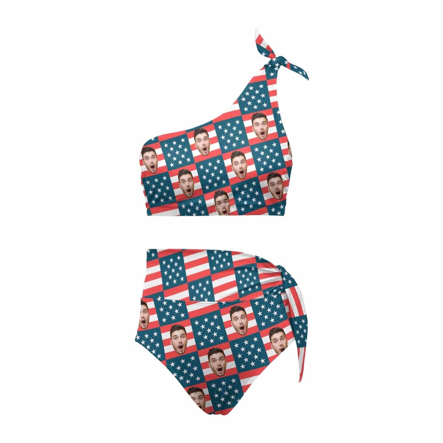 Custom Face Flag Print Red Blue High Waisted One Shoulder Bikini Set