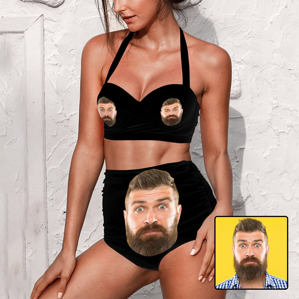 Custom Face Big Face Black Strap Two-piece Bikini Swimsuit