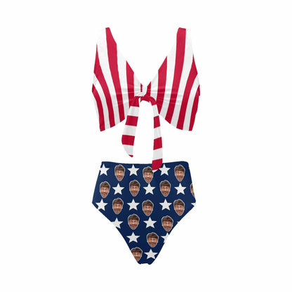 Custom American Flag Face Chest Bowknot High Waist Bikini Swimsuit Personalized Two Piece Swimsuit High Waisted Bathing Suit