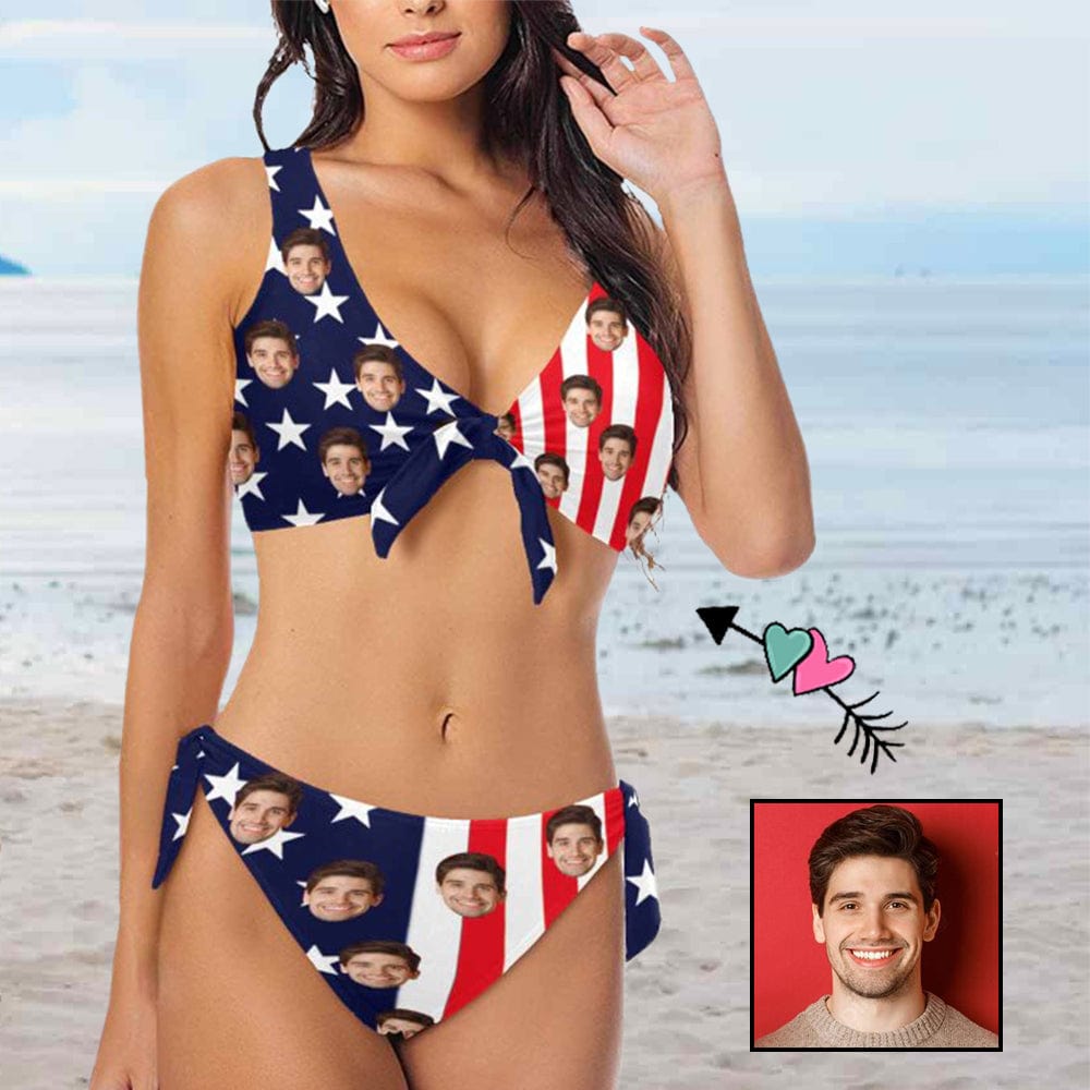 Custom American Flag Face Chest Strap  Low Waisted Bikini Personalized Two Piece Swimsuit