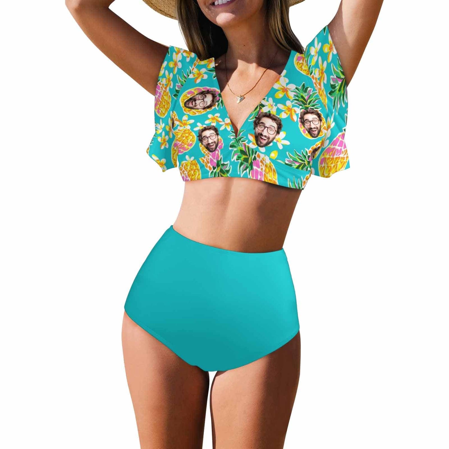 [Up to 5XL] Custom Face Pineapple Ruffle Sleeve Bikini Swimsuit Personalized Bathing Suit