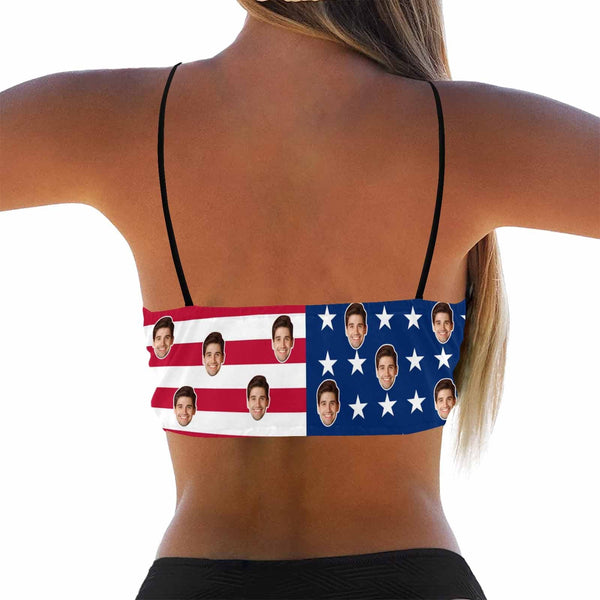 Custom American Flag Face Deep V Neck Personalized Triangle Bikini Swimsuit Top