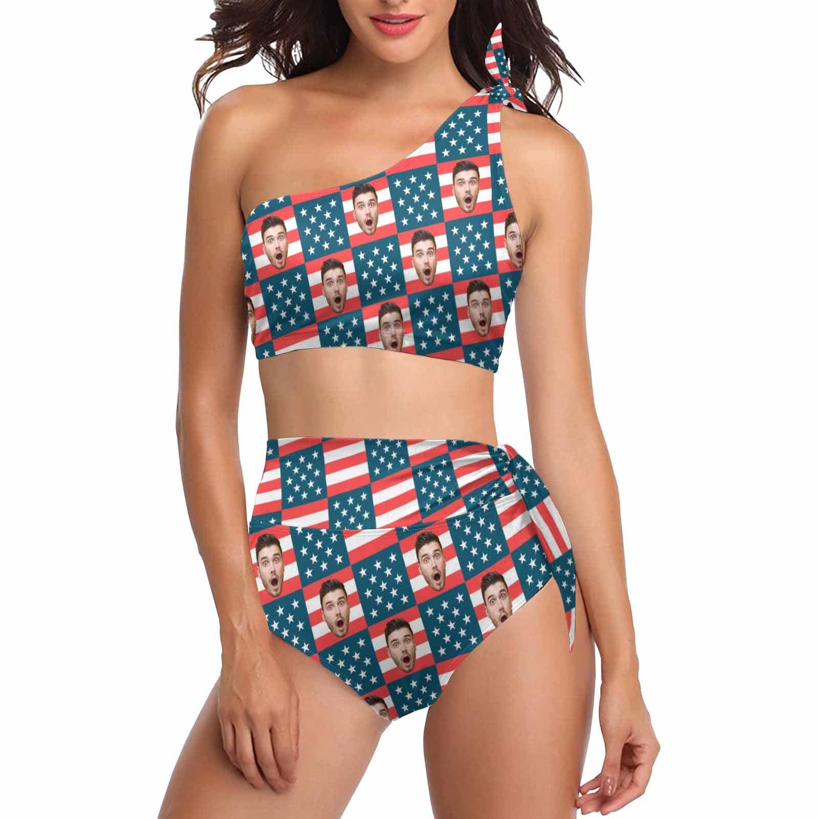 Custom Face Flag Print Red Blue High Waisted One Shoulder Bikini Set