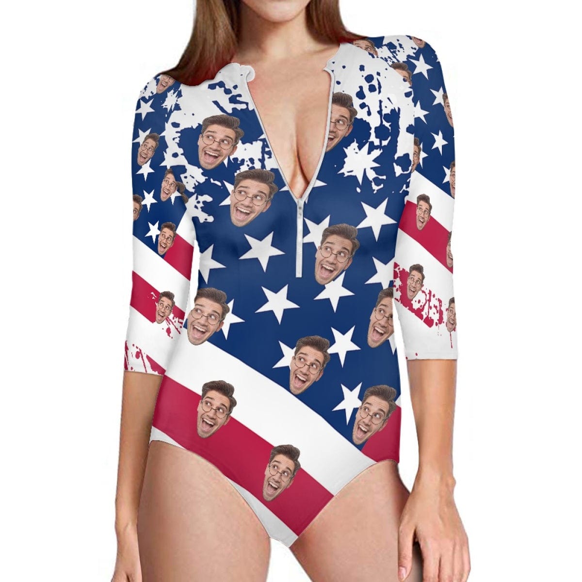 Custom Flag Face Half Sleeve One Piece Swimsuit Personalized Flag Face Half Sleeve Bikini