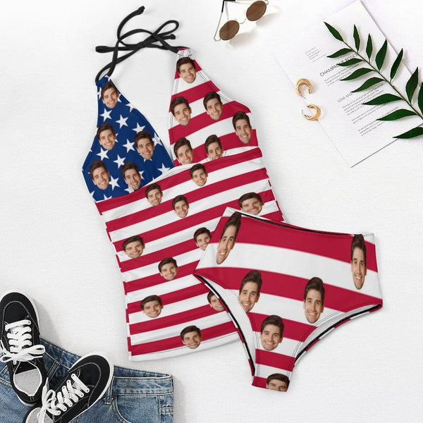 Custom American Flag Tankini Top Set Personalized Two Piece Bikini Summer Beach Pool Swimsuit