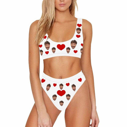 Custom Heart Face Couple Matching Sports Bikini Swim Shorts Personalized Swimwear Beach Pool Outfit