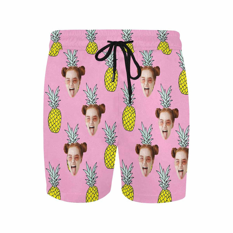 Custom Pineapple Face Pink Drawstring Swim Shorts Personalized Gift for Him