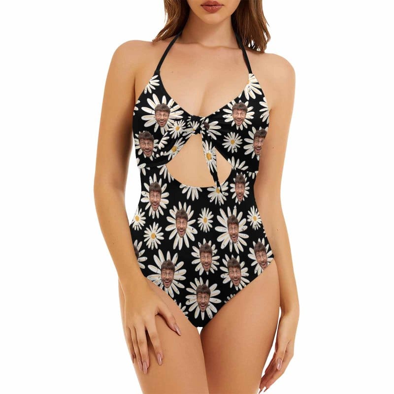 Custom Daisy Face Black Backless Bow One Piece Swimsuit Personalized Beach Pool Outfit