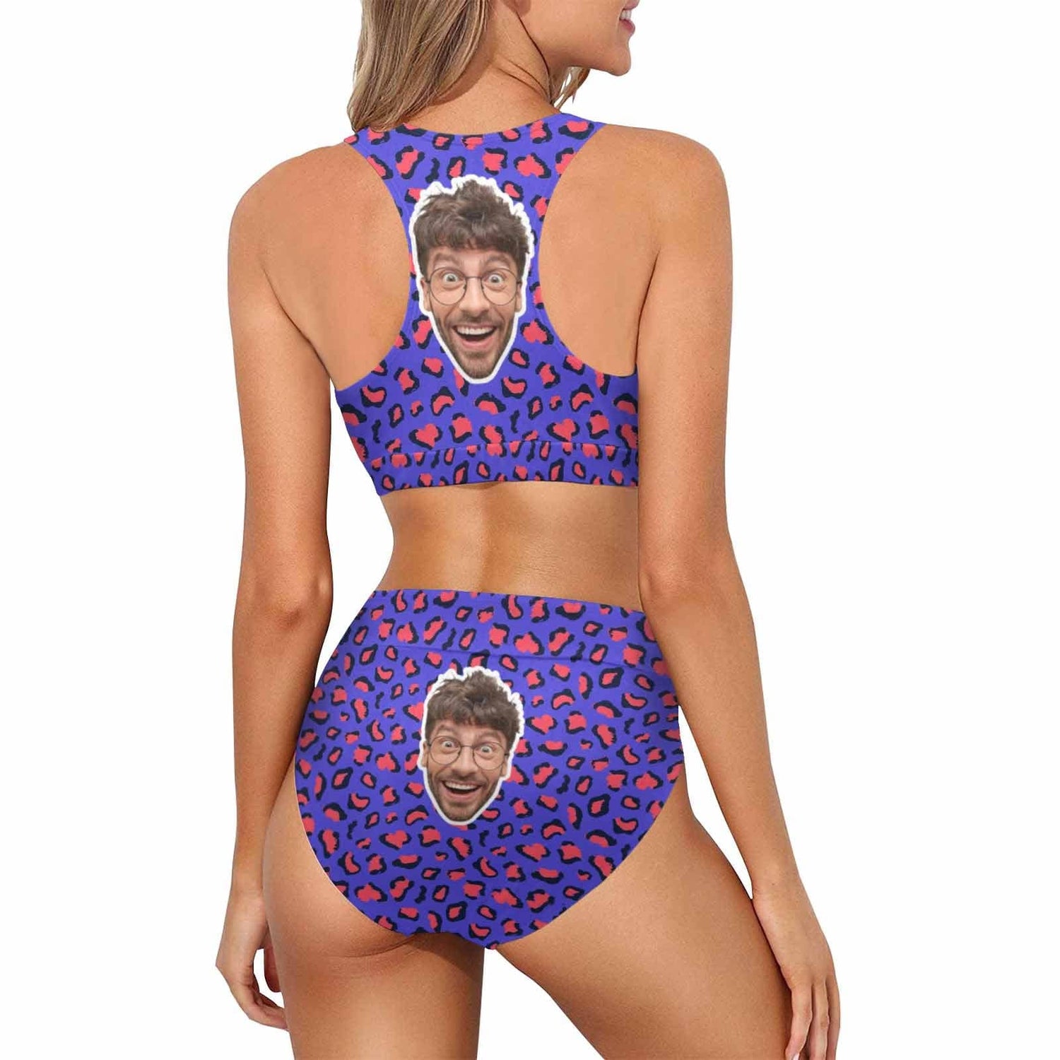 Custom Purple Pineapple Face High Cut Crew Neck Sports Bikini Personalized Two Piece Swimwear Beach Pool Outfit