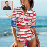 Custom Face Flag Half Sleeve One Piece Swimsuit Personalized Face On Flag Half Sleeve Bikini