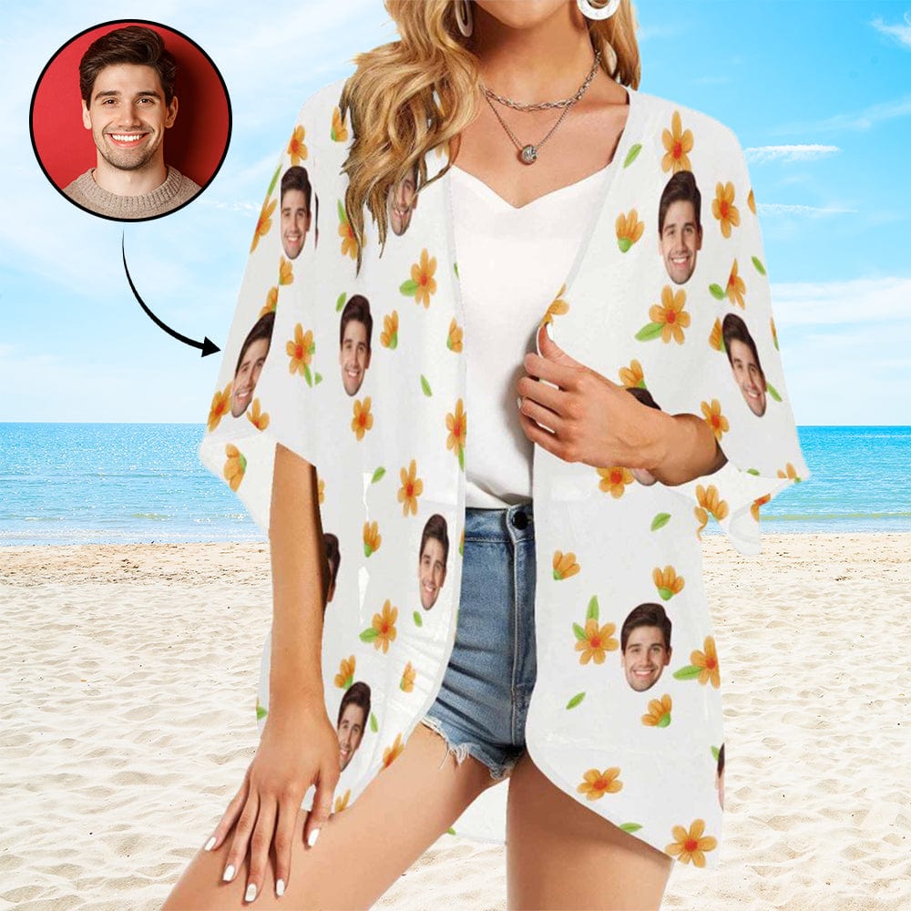 Custom White Flower Face One Piece Bikini Cover Up Personalized Kimono Chiffon Cover Up