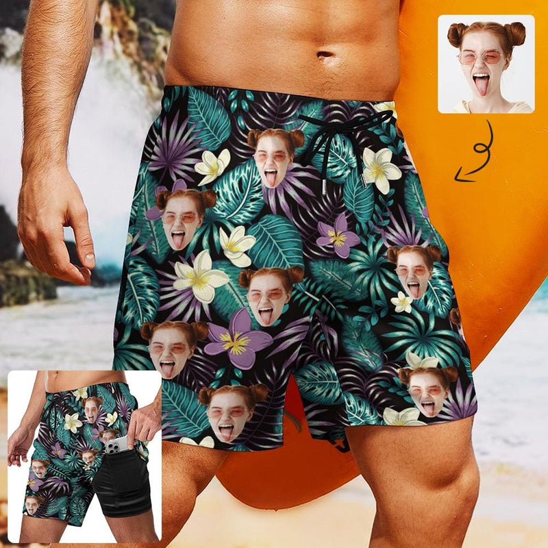 Custom Face Dark Leaves 2 in 1 Quick-Dry Swim Shorts with Pocket Personalized Swim Trunks