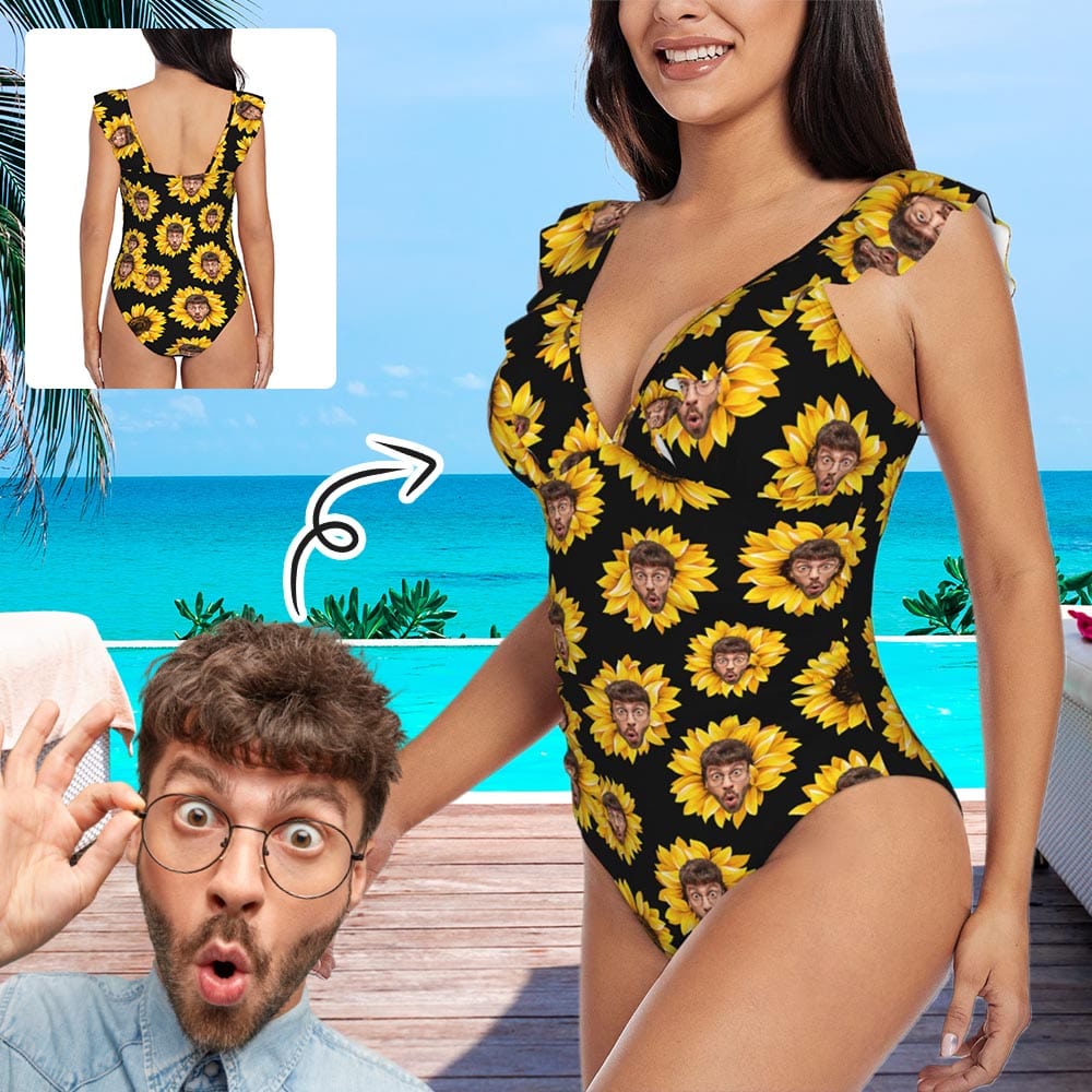 Custom Sunflower Face V-Neck Ruffle SwimSuit Personalized Women&