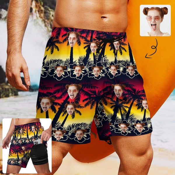 Custom Face Sunset Trees 2 in 1 Quick-Dry Swim Shorts with Pocket Personalized Swim Trunks