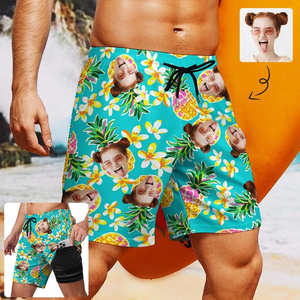 Custom Face Pineapple 2 in 1 Quick-Dry Swim Shorts with Pocket Personalized Swim Trunks