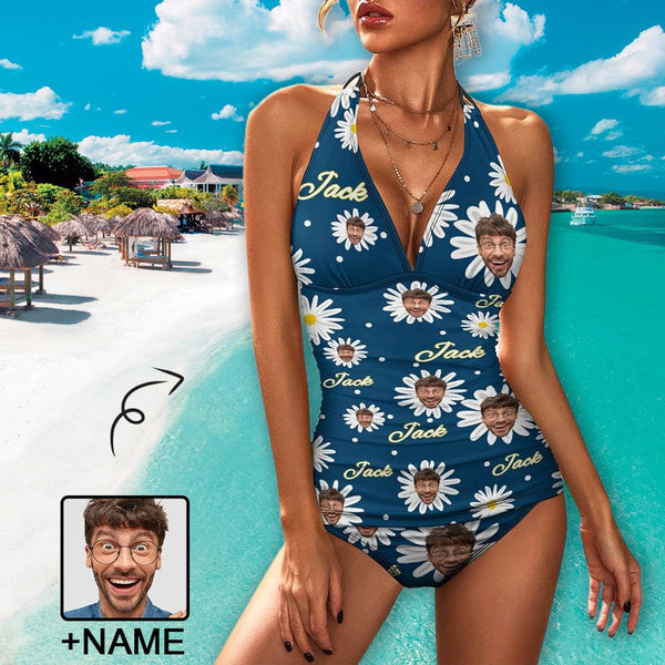 Custom Daisy Face with Name Tankini Personalized Two Piece Swimsuit Bathing Suit