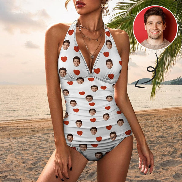 Custom Red Heart Face Tankini Top Set Personalized Two Piece Bikini Summer Beach Pool Swimsuit