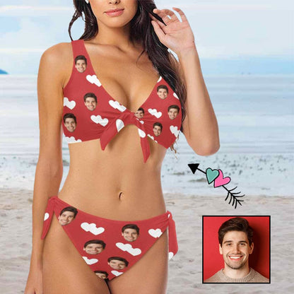 Custom Heart Face Red Chest Strap Low Waisted Bikini Personalized Two Piece Swimsuit