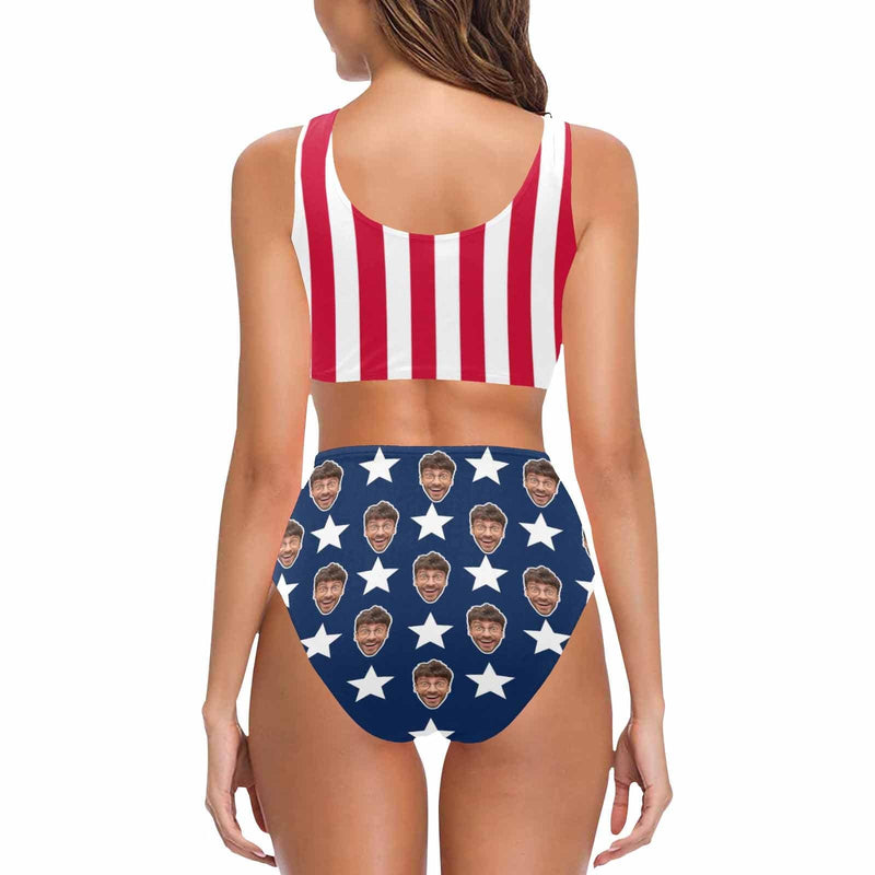 Custom American Flag Face Chest Bowknot High Waist Bikini Swimsuit Personalized Two Piece Swimsuit High Waisted Bathing Suit