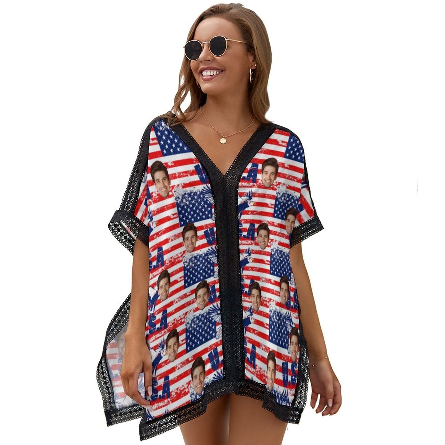 Custom Ameraican Flag Face Cover Up Personalized One Piece Cover Up Summer Beach Pool Outfit