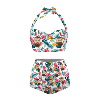 Custom Face Flowers Print White Strap Two-piece Bikini Swimsuit