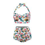 Custom Face Flowers Print White Strap Two-piece Bikini Swimsuit