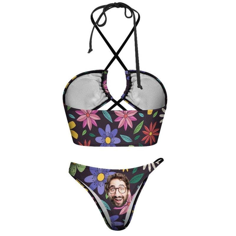 Custom Colorful Flowers Face Neckline Cutout Criss Cross Bikini Personalized Swimsuit Bathing Suit