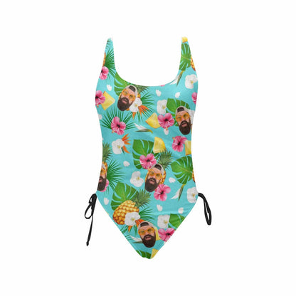 Custom Pineapple&amp;Leaves Face Drawstring Side Tank Top Swimsuit Personalized One Piece Bathing Suit