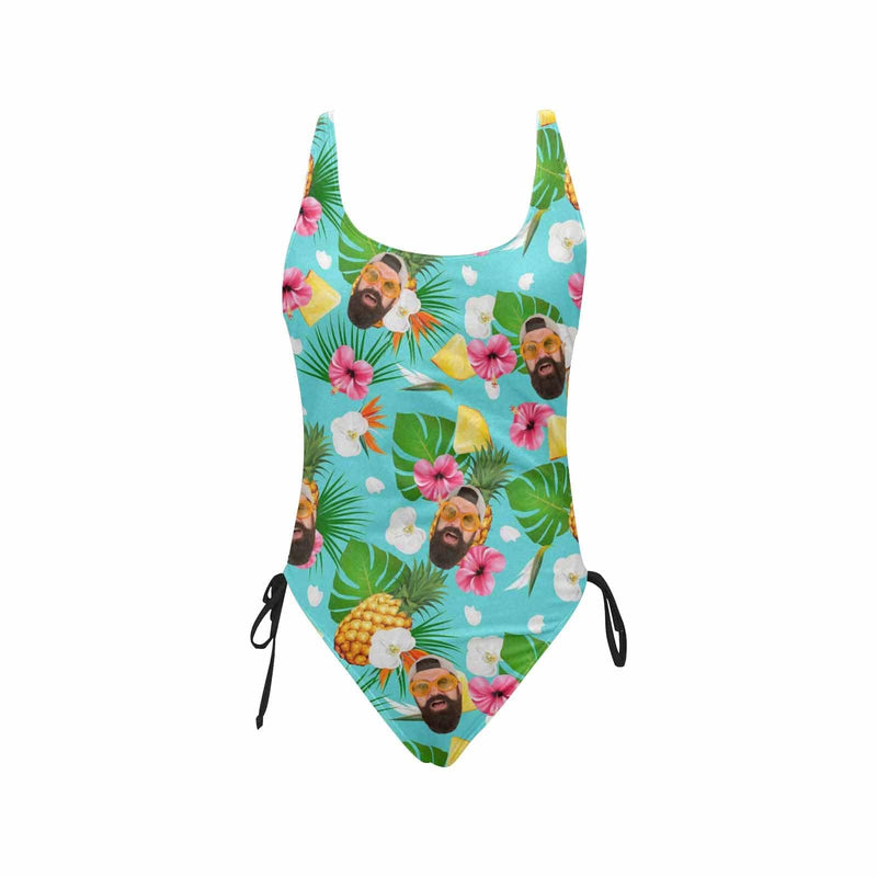 Custom Pineapple&Leaves Face Drawstring Side Tank Top Swimsuit Personalized One Piece Bathing Suit