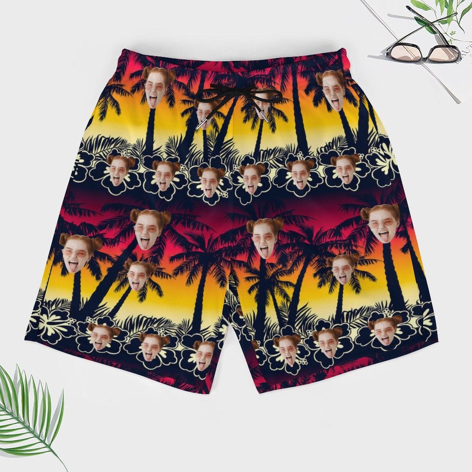 Custom Face Sunset Trees 2 in 1 Quick-Dry Swim Shorts with Pocket Personalized Swim Trunks