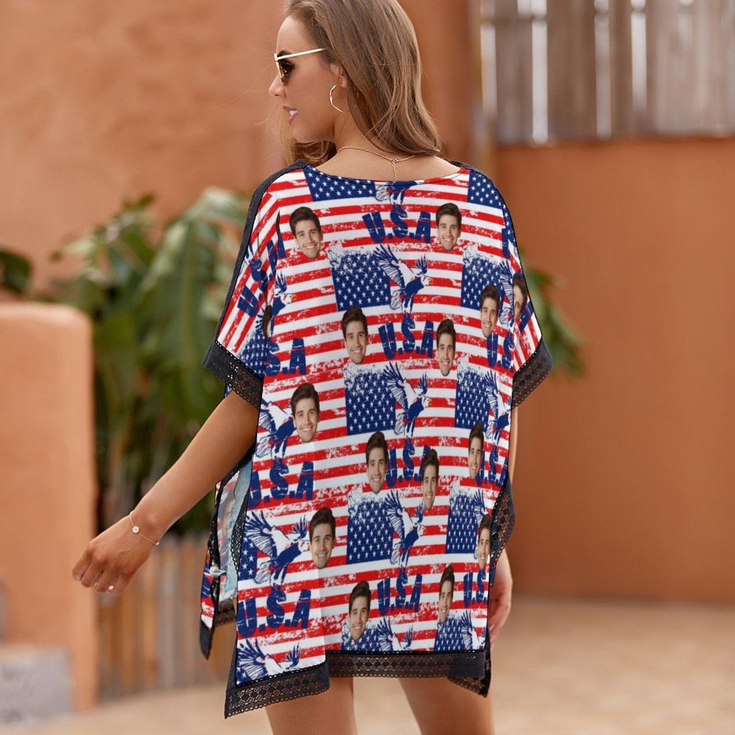 Custom Ameraican Flag Face Cover Up Personalized One Piece Cover Up Summer Beach Pool Outfit