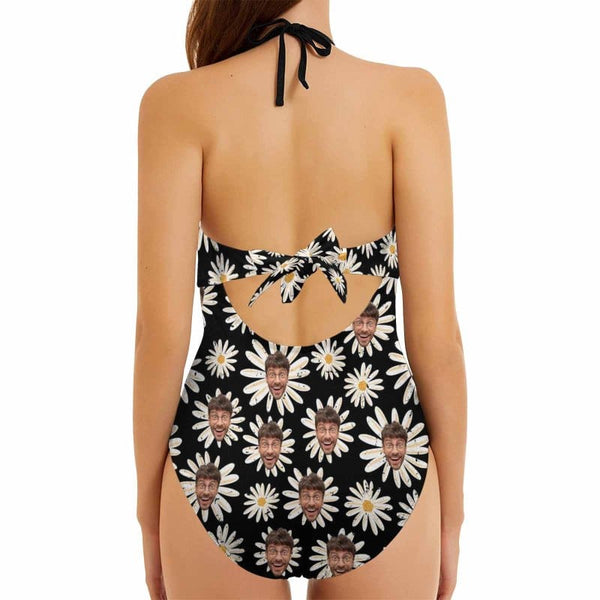 Custom Daisy Face Black Backless Bow One Piece Swimsuit Personalized Beach Pool Outfit