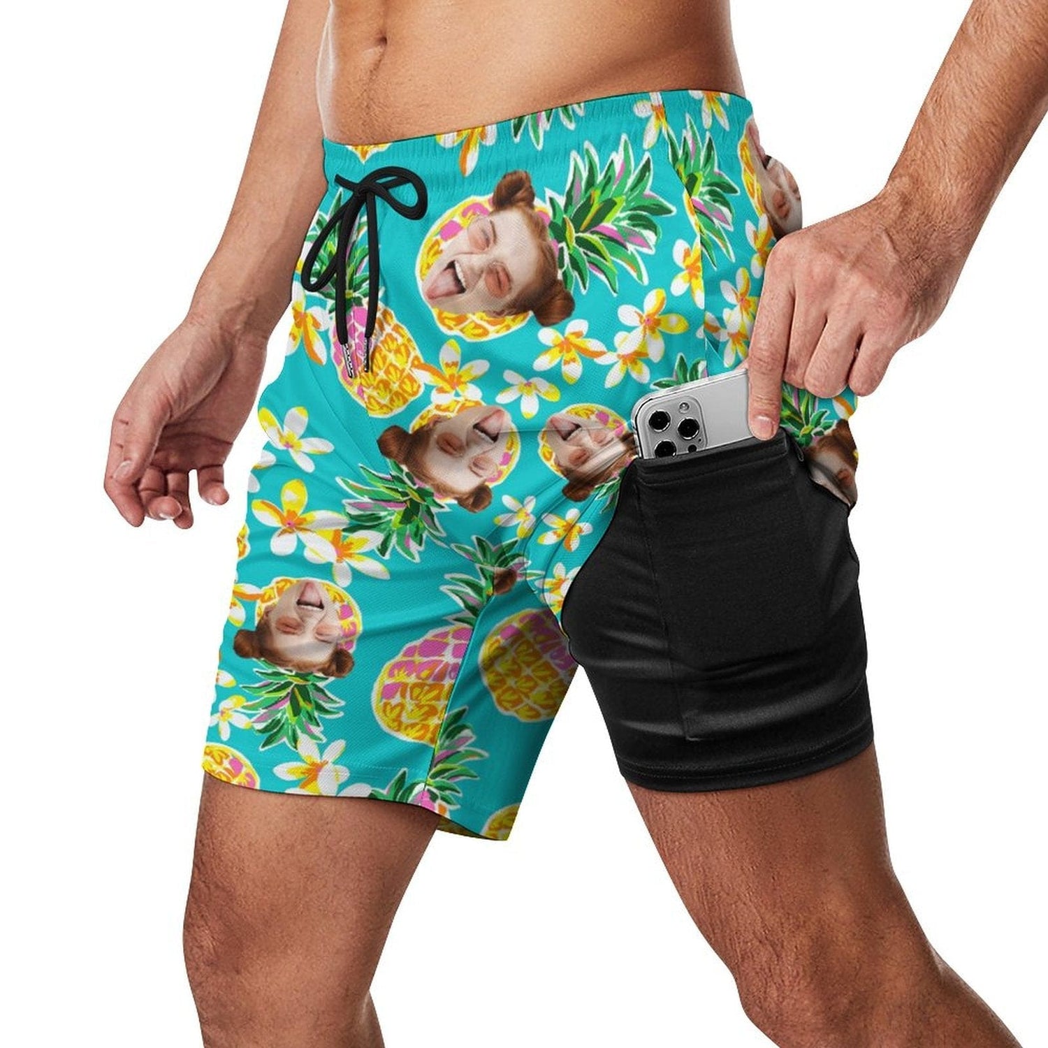 Custom Face Pineapple 2 in 1 Quick-Dry Swim Shorts with Pocket Personalized Swim Trunks