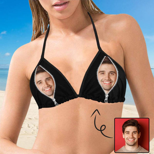 Custom Zipper Face Black Personalized Triangle Bikini Swimsuit Top