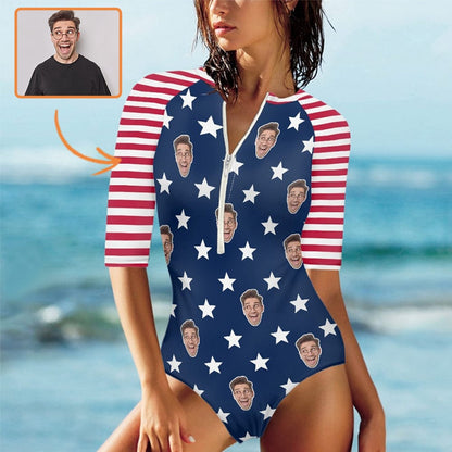 Custom Face Flag Half Sleeve One Piece Swimsuit Personalized Face Stars And Stripes Half Sleeve Bikini