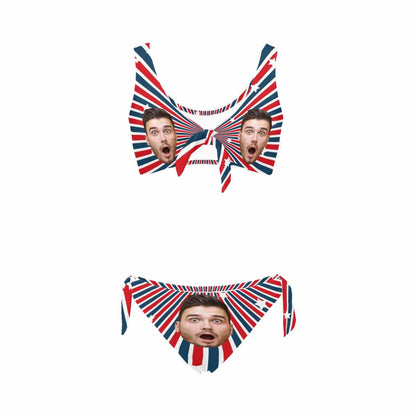 Custom Face Stripes Print Red Blue Bow Tie Bikini Swimsuit