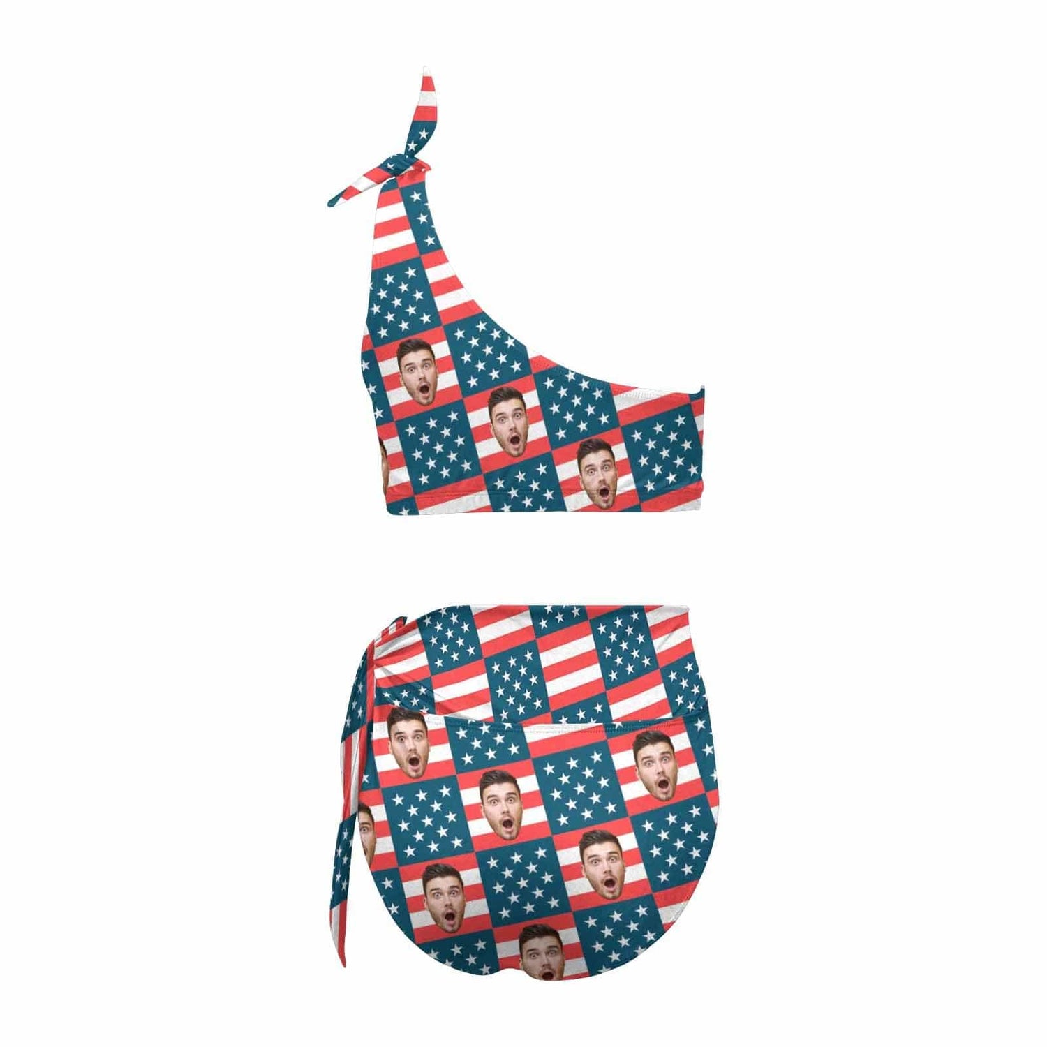 Custom Face Flag Print Red Blue High Waisted One Shoulder Bikini Set