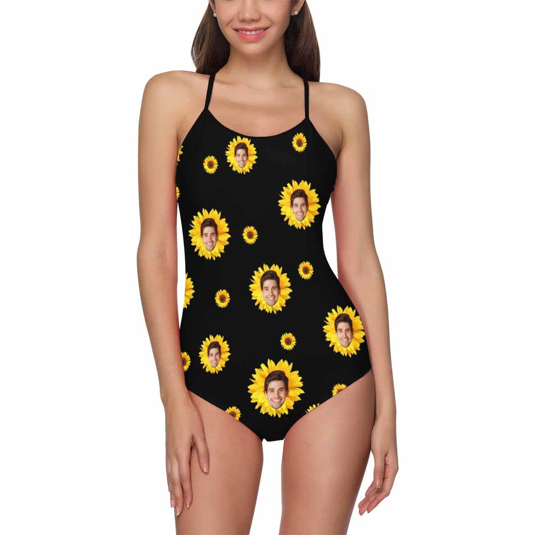 Custom Sunflower Face Sling One Piece Swimsuit Personalized Summer Beach Pool Outfit